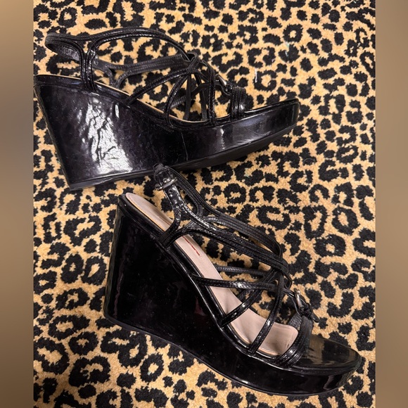 PRADA WEDGE STRAPPY LUXURIOUS SHOES US 8 BLK PATTON LEATHER NEW - Picture 10 of 10